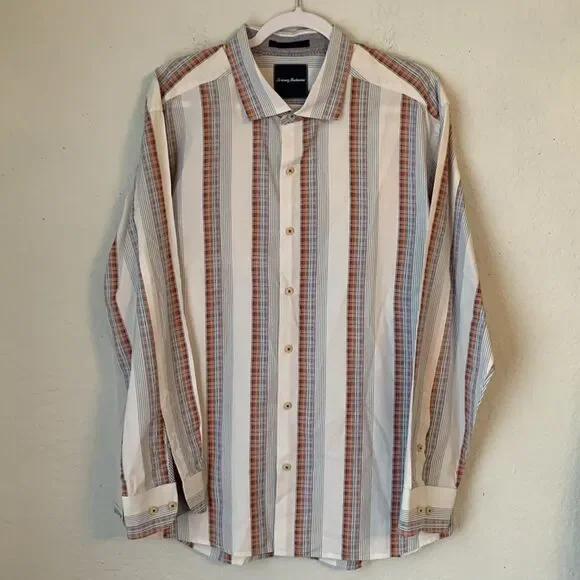 Tommy Bahama Silk Cotton Casual Button Down Shirt White Blue Dress Shirt Size XL - Picture 2 of 10